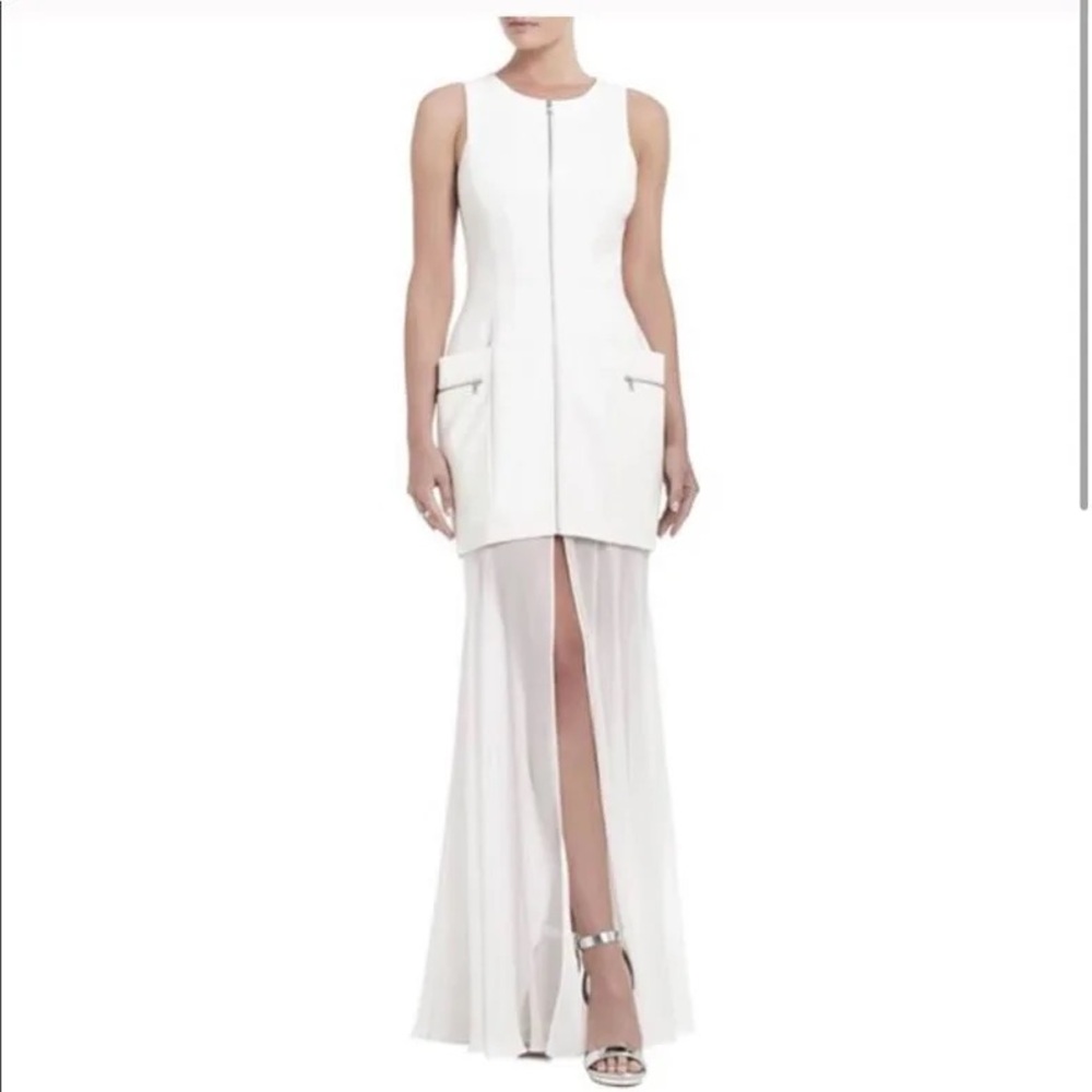 BCBGMaxAzria White Maxi Dress with Sheer Skirt & Zipper